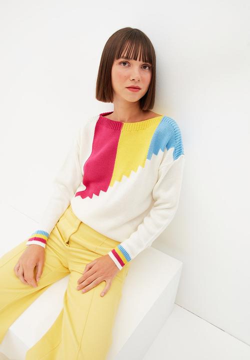 Trendyol - Jacquard color block knit sweater - ecru