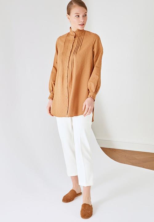 Trendyol - High collar tunic blouse - brown