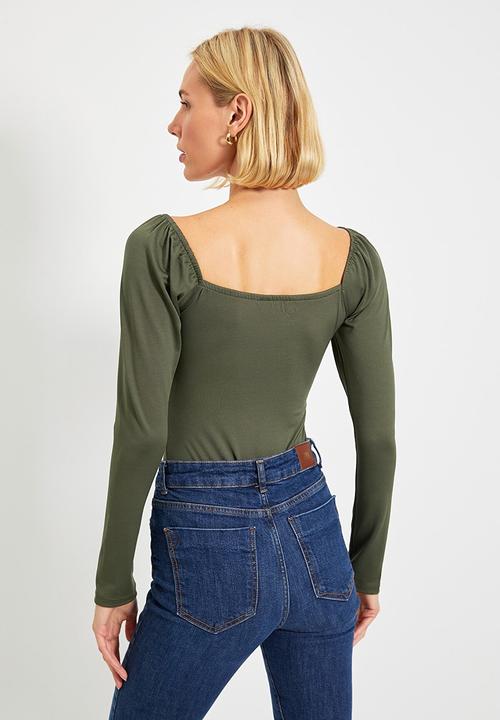 Trendyol - Heart collar balloon sleeve snap knit bodysuit - khaki