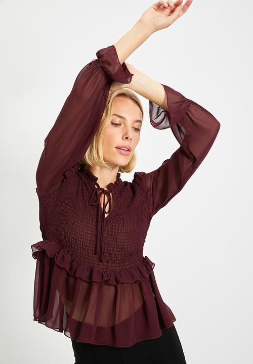 Trendyol - Gipele peplum lace-up chiffon blouse - plum