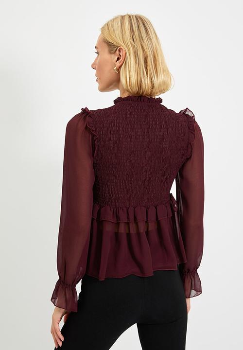 Trendyol - Gipele peplum lace-up chiffon blouse - plum