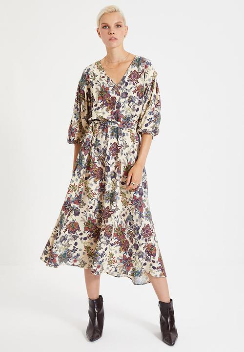 Trendyol - Floral ballon sleeve dress - stone