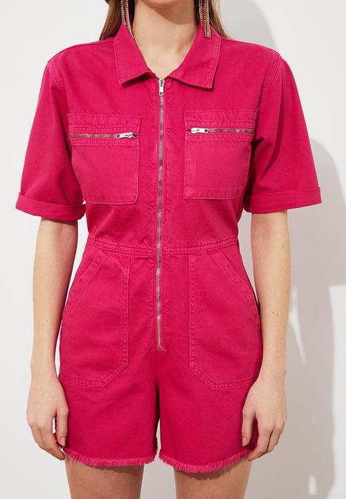 Trendyol - Denim shorts jumpsuit - fuchsia