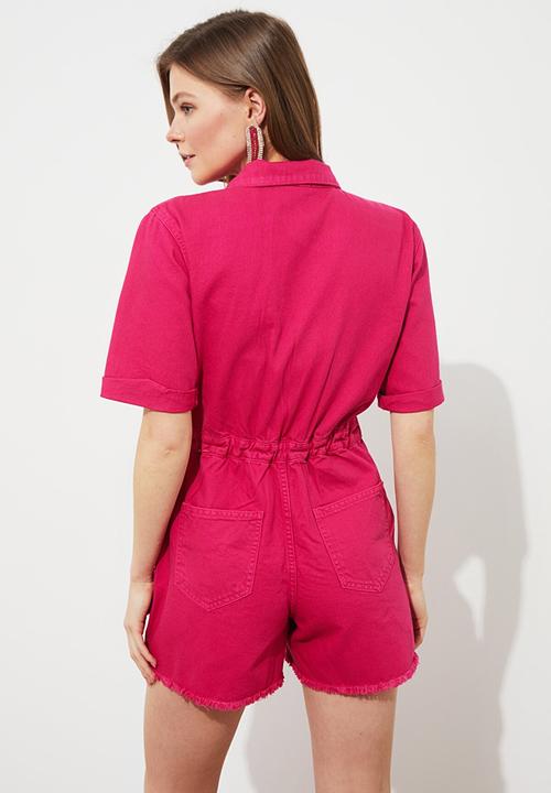 Trendyol - Denim shorts jumpsuit - fuchsia