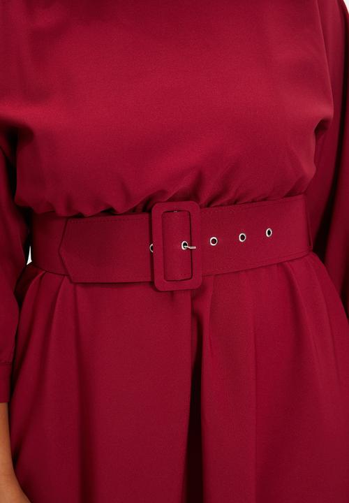 Trendyol - Belted ruffle dress - burgundy