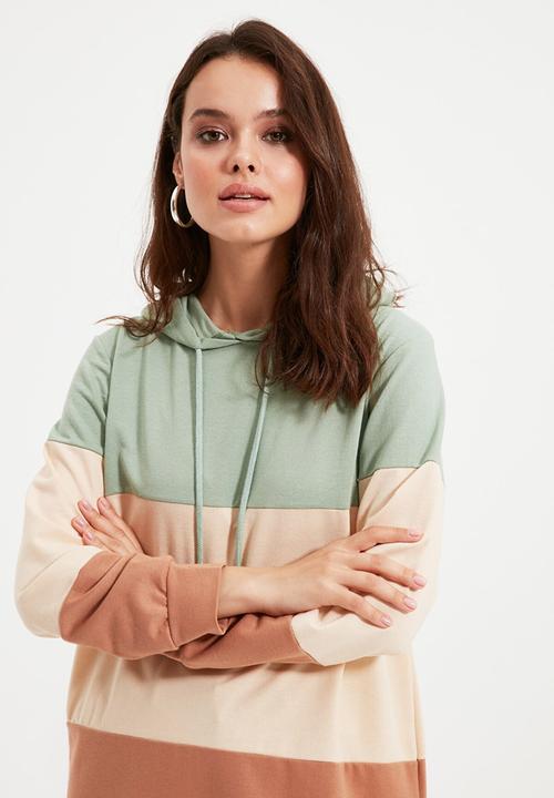 Trendyol - Color paneled hooded knitted sweatshirt - mint