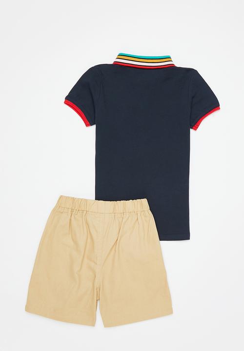 Pop Candy - Boys polo tee & shorts set - navy & brown
