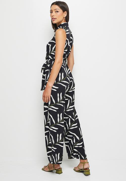 edit - Collar belted jumpsuit - abstract leaves