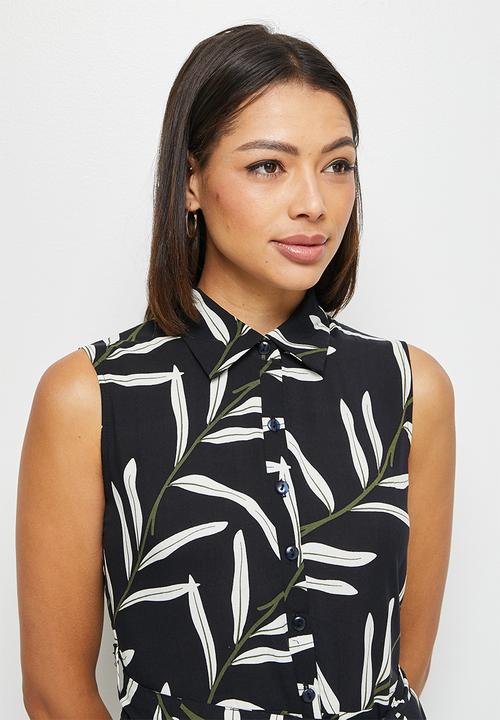 edit - Collar belted jumpsuit - abstract leaves
