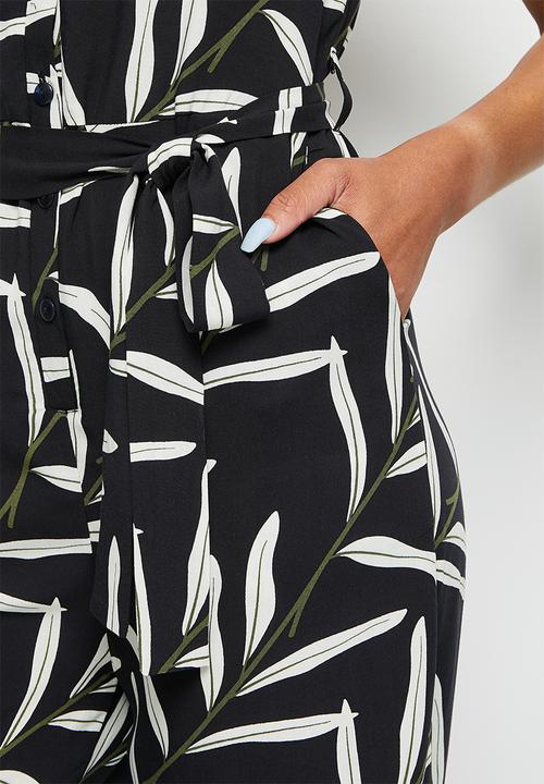 edit - Collar belted jumpsuit - abstract leaves