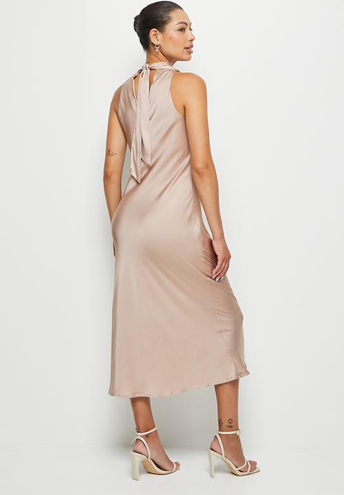 MILLA - Halter tie back midi slip dress - oyster