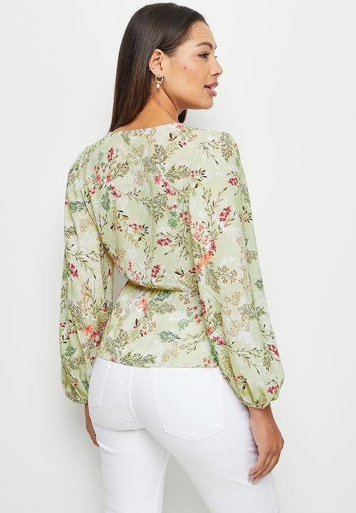 edit - Balloon sleeve wrap blouse - aqua blossom