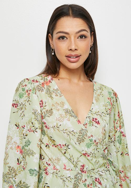 edit - Balloon sleeve wrap blouse - aqua blossom