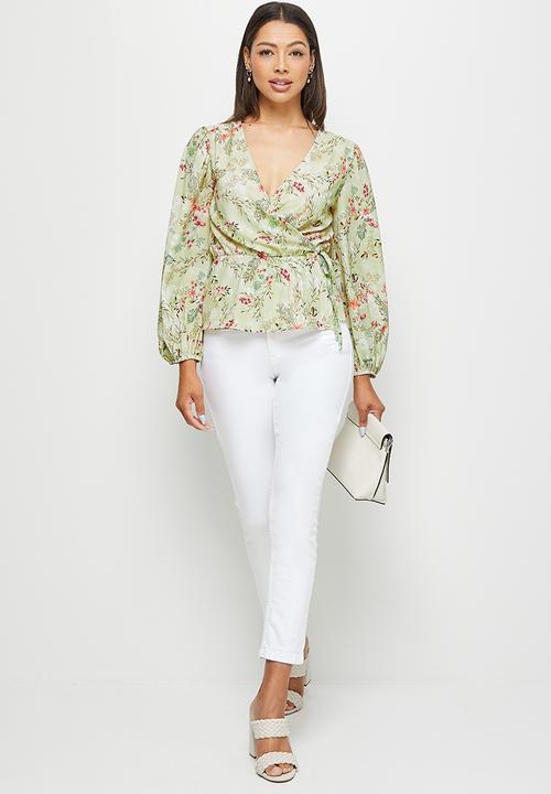 edit - Balloon sleeve wrap blouse - aqua blossom