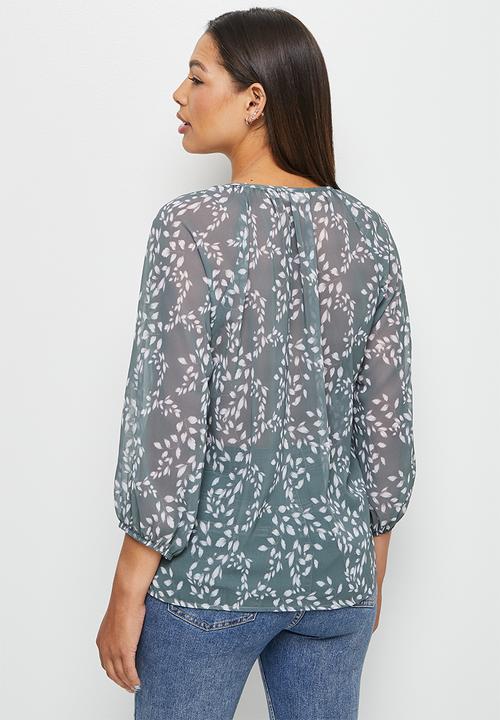 edit - Chiffon puffed sleeve blouse - dusty sage ditsy