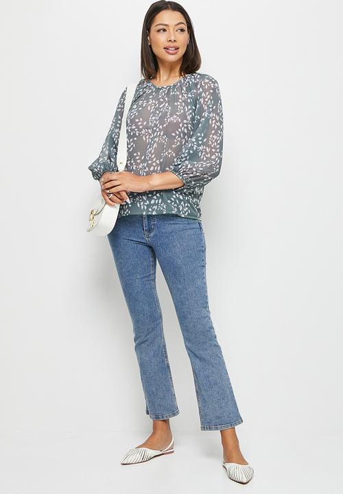 edit - Chiffon puffed sleeve blouse - dusty sage ditsy