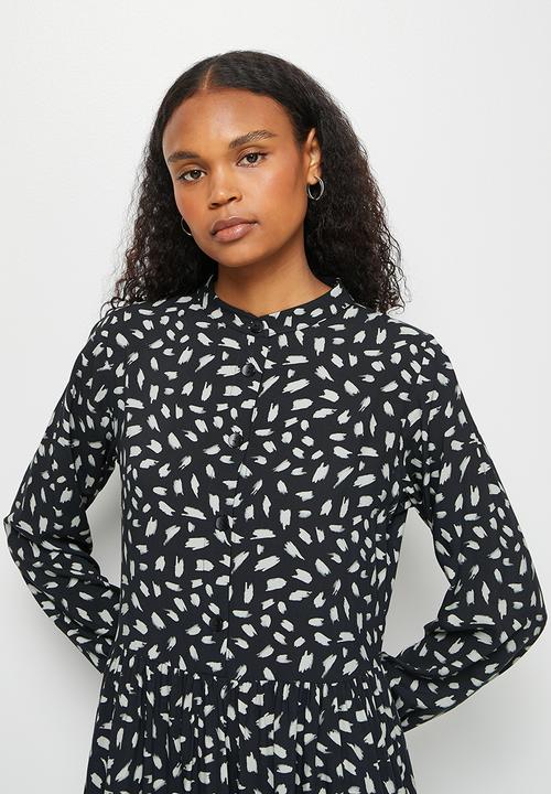edit - Mandarin collar tiered midi dress - mono brushtstrokes