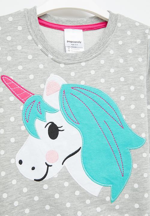Pop Candy - Girls polka dot unicorn sweatshirt - grey