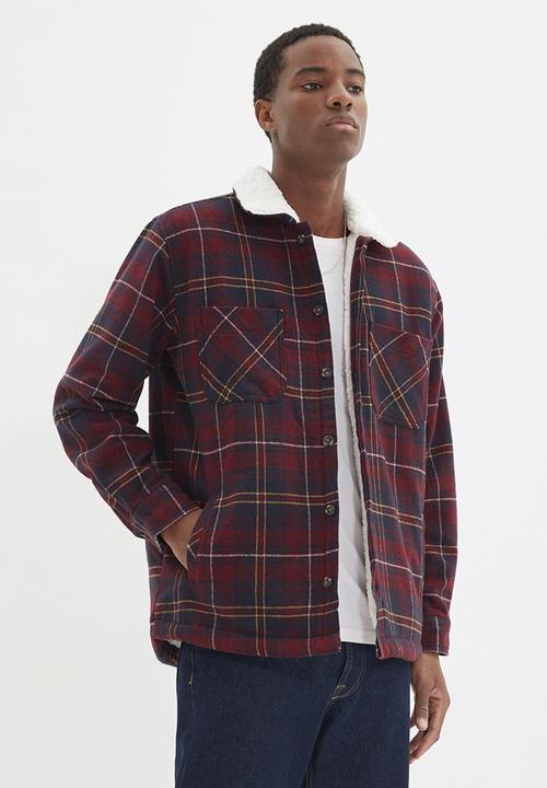 Trendyol - Borg collar check jacket - burgundy