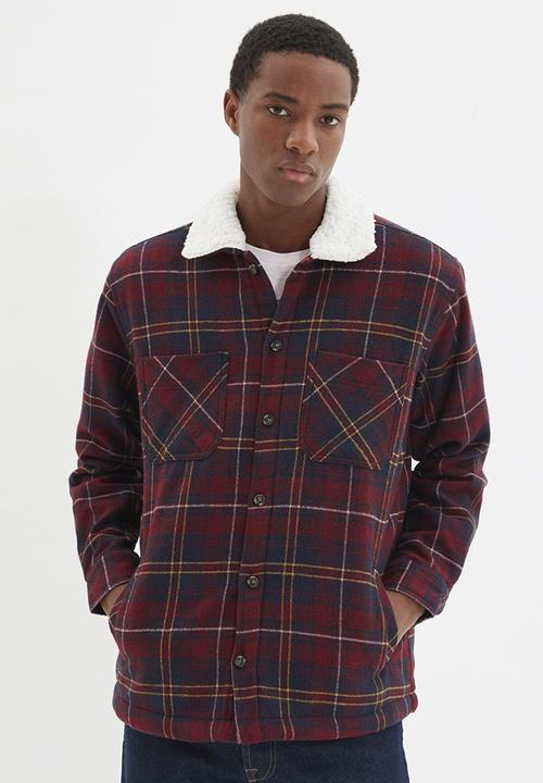 Trendyol - Borg collar check jacket - burgundy