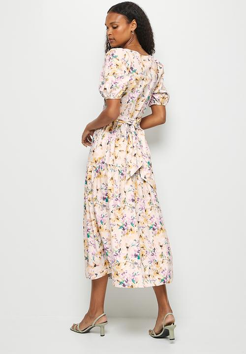 MILLA - Poplin wrapover bodice midi dress - make-up floral