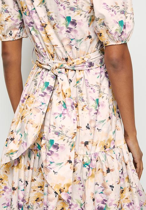 MILLA - Poplin wrapover bodice midi dress - make-up floral