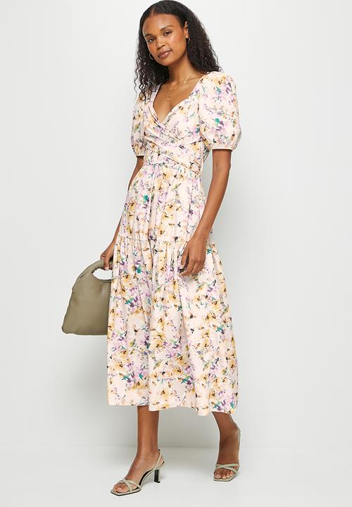 MILLA - Poplin wrapover bodice midi dress - make-up floral