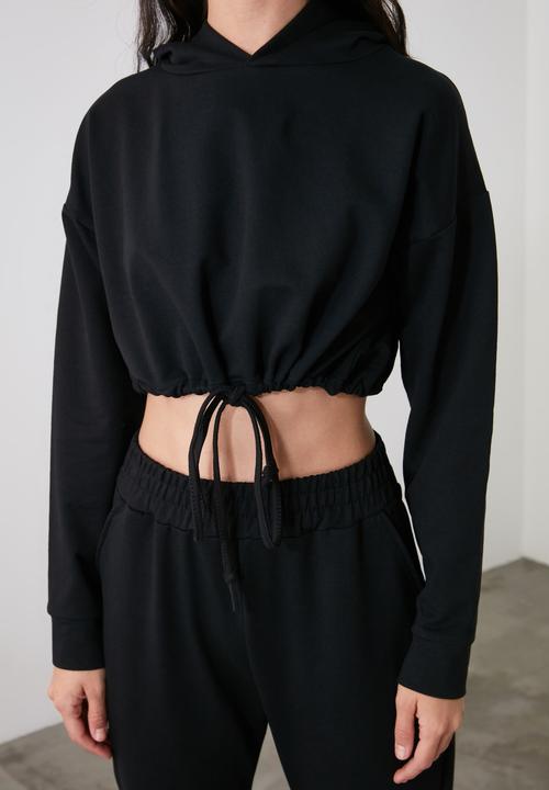 Trendyol - Crop hoodie knit tracksuit set - black