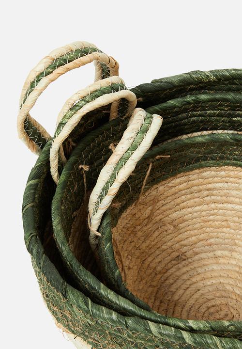 H&S - Straw basket set of 3 - green & natural