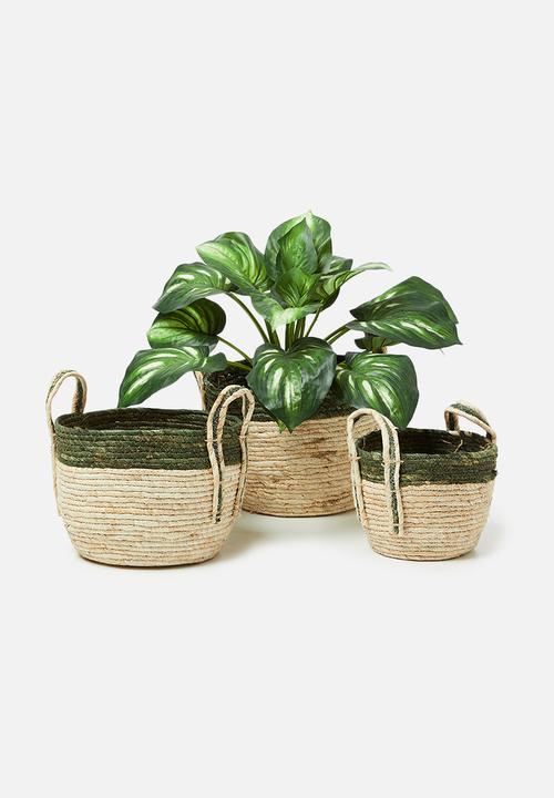 H&S - Straw basket set of 3 - green & natural