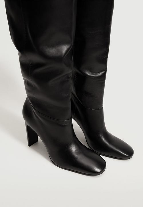 MANGO - Campo leather boot with tall leg - black