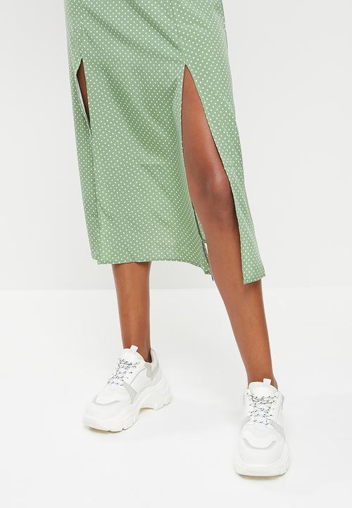 Missguided - Polka dot double split midi skirt - sage