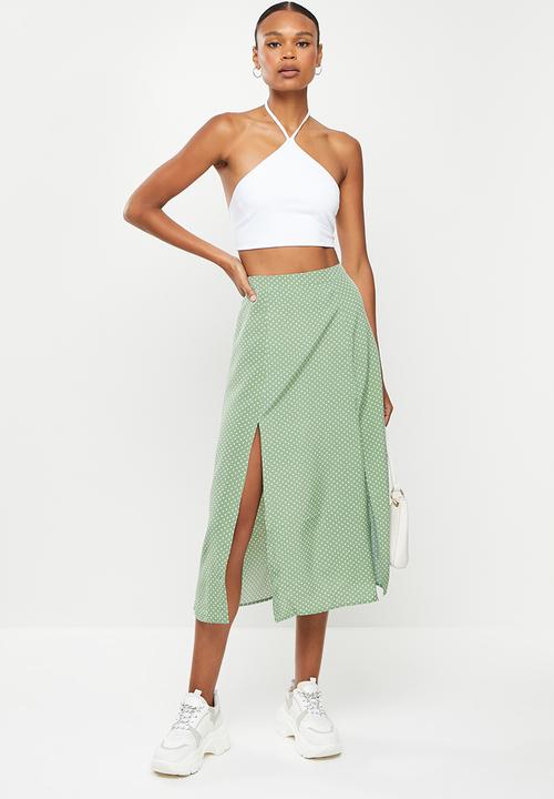 Missguided - Polka dot double split midi skirt - sage