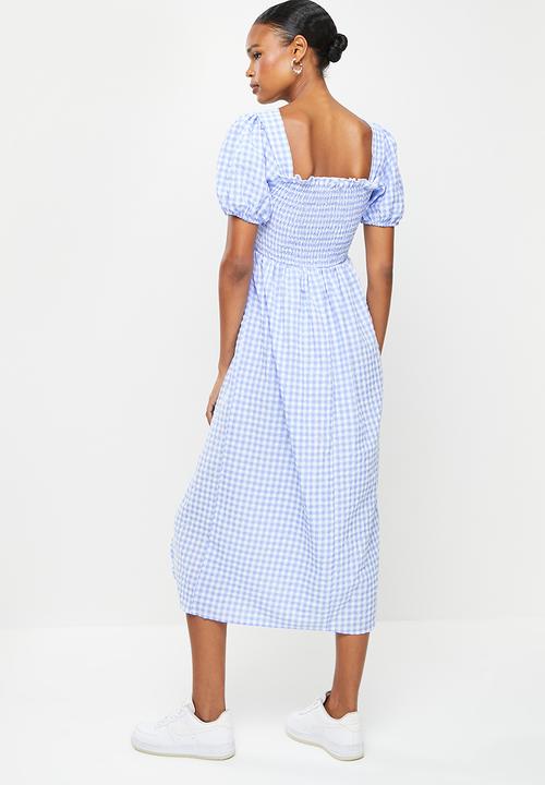 Missguided - Puff sleeve short sleeve gingham midi dress - blue