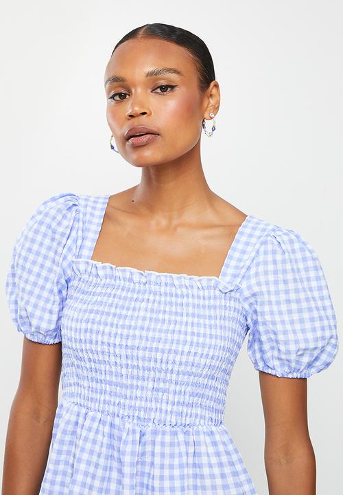 Missguided - Puff sleeve short sleeve gingham midi dress - blue
