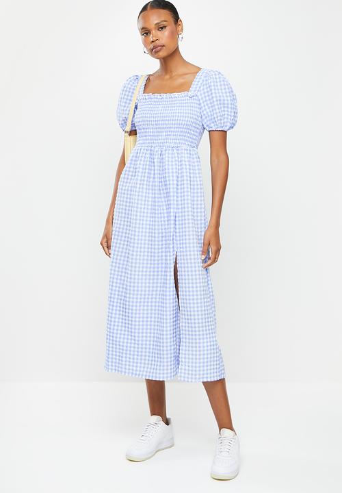 Missguided - Puff sleeve short sleeve gingham midi dress - blue