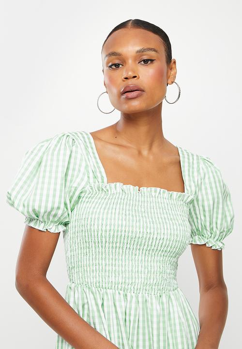 Missguided - Gingham puff sleeve shirred bust mini dress - mint
