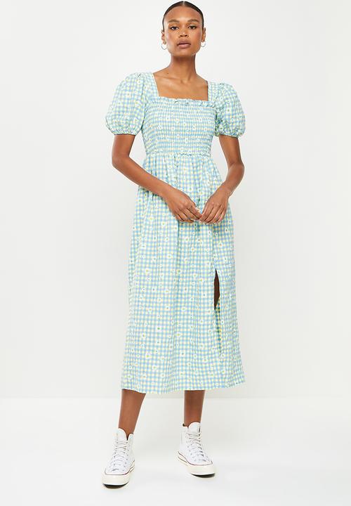 Missguided - Floral gingham puff sleeve midi dress - blue