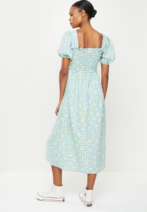 Missguided - Floral gingham puff sleeve midi dress - blue