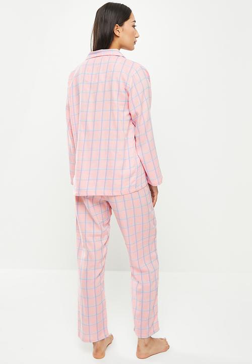 dailyfriday - Check flannel sleep shirt & pants set - pink 