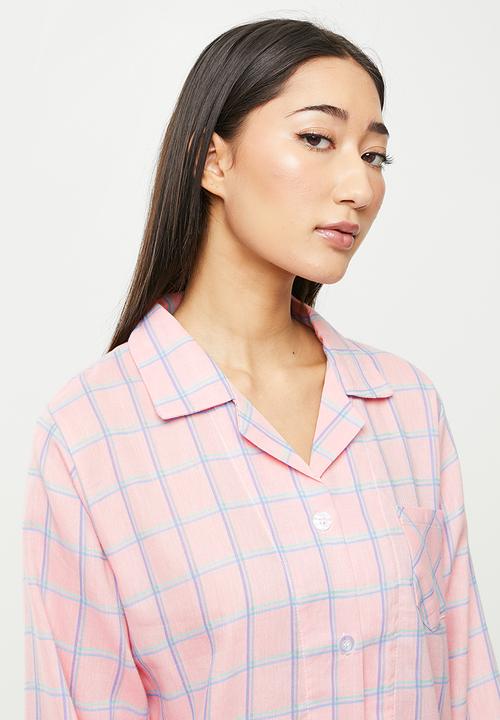 dailyfriday - Check flannel sleep shirt & pants set - pink 