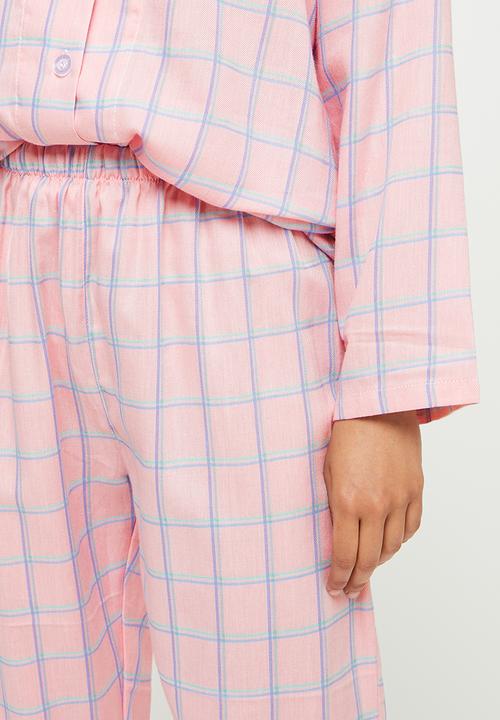 dailyfriday - Check flannel sleep shirt & pants set - pink 