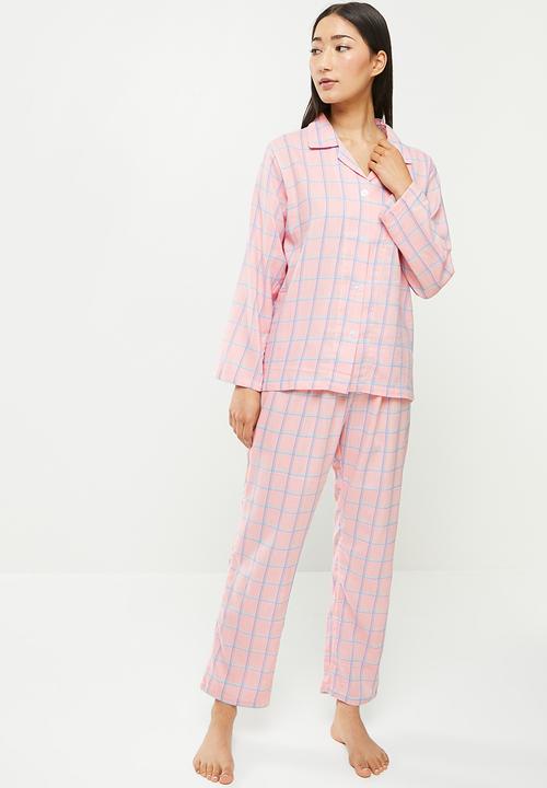 dailyfriday - Check flannel sleep shirt & pants set - pink 