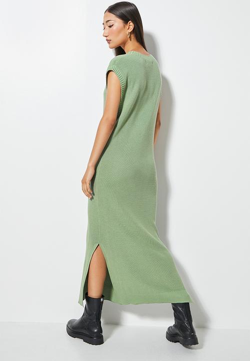 Superbalist - Organic cotton v neck  knitwear dress - deep sage