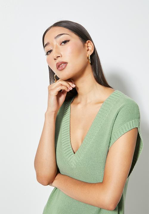 Superbalist - Organic cotton v neck  knitwear dress - deep sage