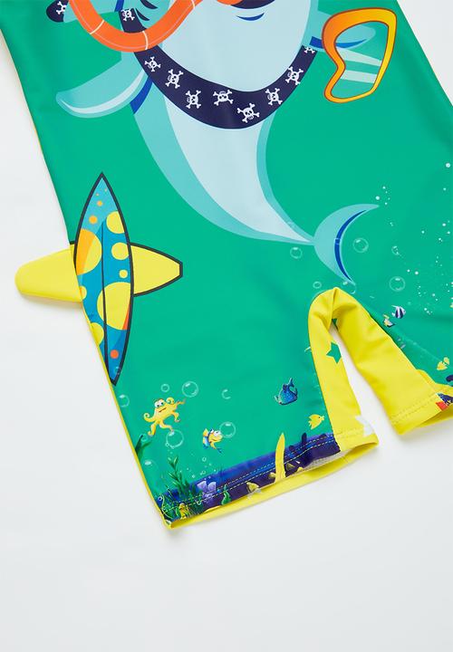 Pop Candy - Boys shark swimsuit & cap set - teal & yellow