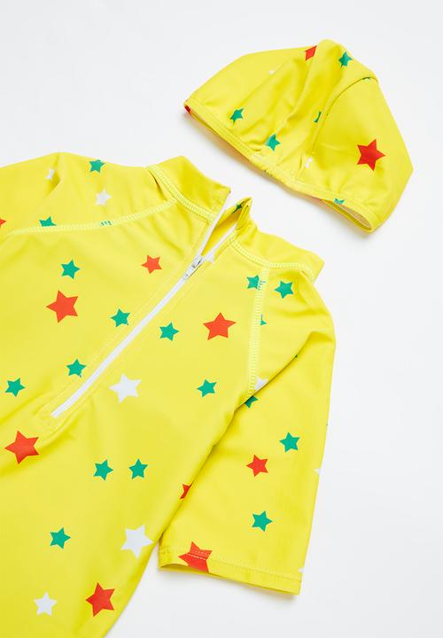 Pop Candy - Boys shark swimsuit & cap set - teal & yellow