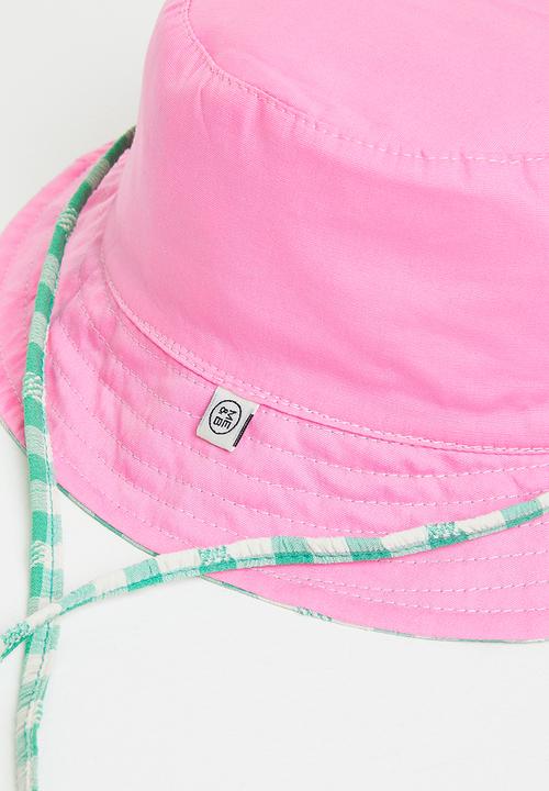 Me&B - Reversable bucket hat with large ties - green gingham/pink