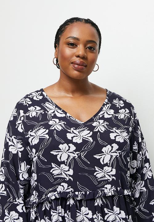 edit Plus - Plus a-line tiered dress - navy & white