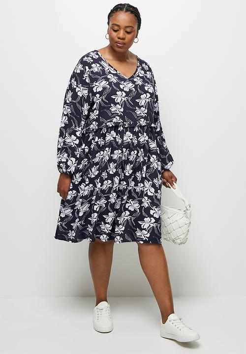edit Plus - Plus a-line tiered dress - navy & white